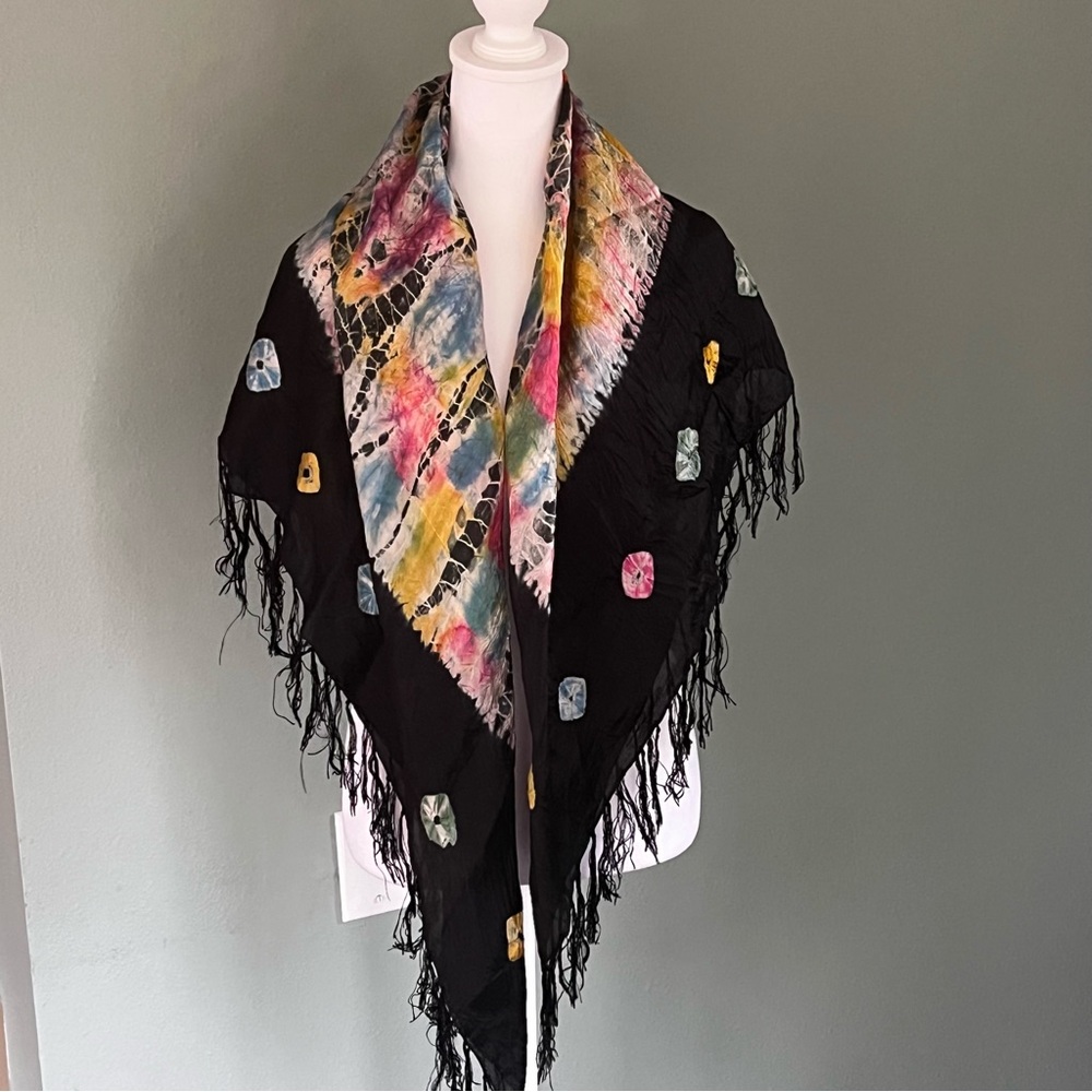 Boho Hippie Square Scarf Shawl Tie Dyed Design With Fringe Made In India
